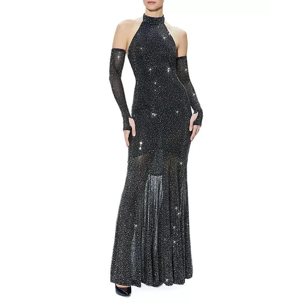 NWOT Alice + Olivia Fabiola Embellished Turtleneck Halter Gown Sz 2 Black #2J460